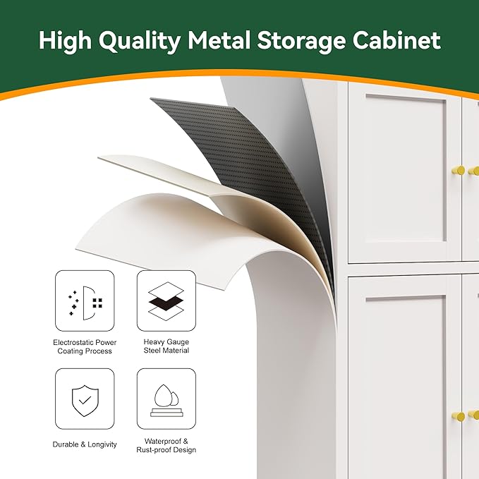 Bathroom Floor Storage Cabinet,Metal Accent Sideboard with 4 Doors and 2 Adjustable Shelves, Freestanding Bathroom Cabinets White Storage Organizer for Kitchen Pantry,Living Room,Hallway