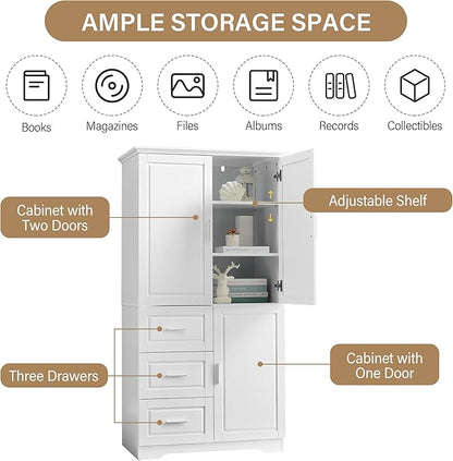 Merax Storage Cabinet with Three Drawers and Doors, Wide Pantry Cupboard for Kitchen, Living Room and Bathroom, Adjustable Shelf, White