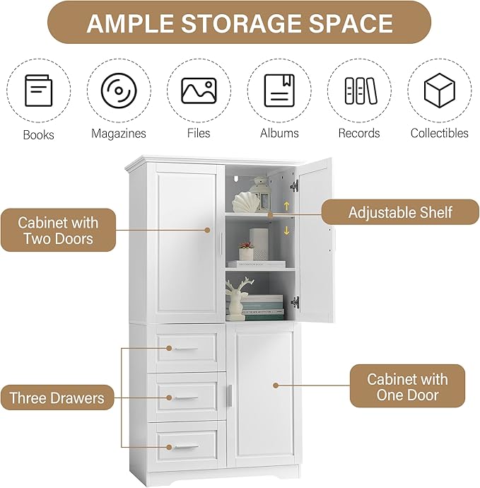 P PURLOVE Bathroom Storage Cabinet with 3 Drawers,Tall and Wide Bathroom Cabinet Standing,Wood Freestanding Tall Bathroom Cabinet for Kitchen,Living Room