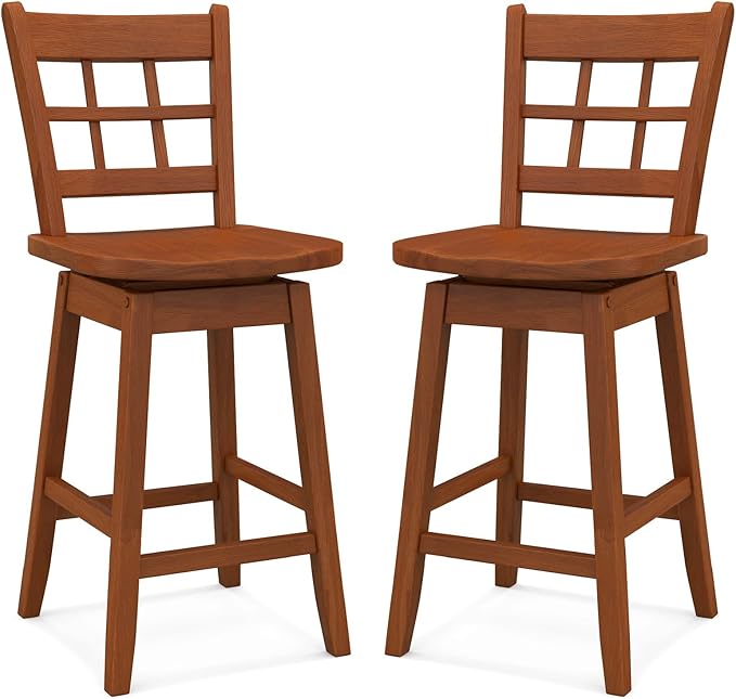 COSTWAY Swivel Bar Stools Set of 2, 24.5 Inch Counter Height Bar Chairs w/Hollow Backrest & Contoured Seat, Wooden Barstools w/Footrest for Kitchen Island, Pub, Bistro, Cafe (2, Walnut)