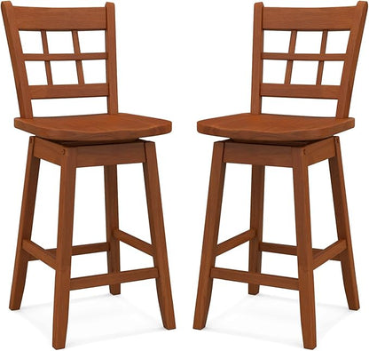 COSTWAY Swivel Bar Stools Set of 2, 24.5 Inch Counter Height Bar Chairs w/Hollow Backrest & Contoured Seat, Wooden Barstools w/Footrest for Kitchen Island, Pub, Bistro, Cafe (2, Walnut)