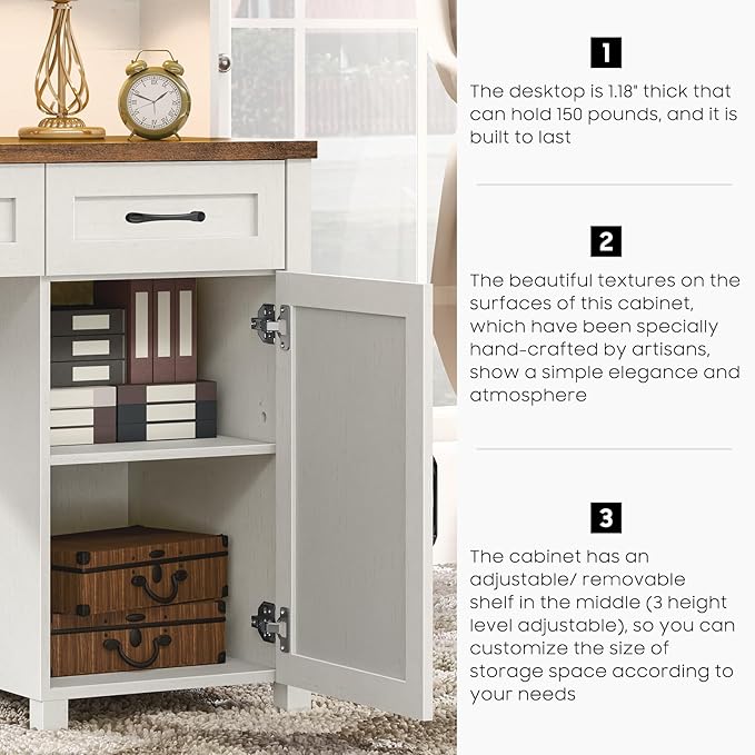 Farmhouse 67" H Executive Desk with Hutch,Office Desks with 5 Drawers, Computer Desk with Storage Cabinet & File Drawers and Charging Station, Wood Workstation for Home Office,Study.(Unique White).