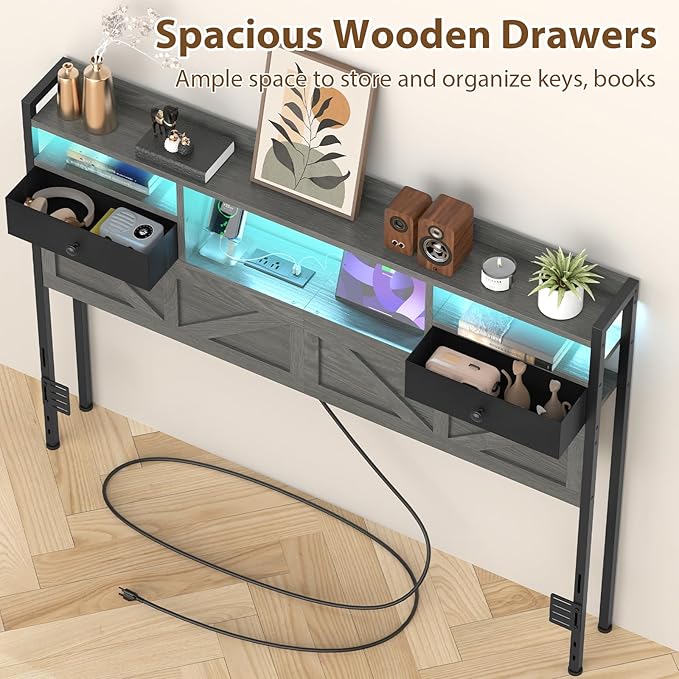 Queen Size Headboard with Drawers, Outlets & USB Ports,Sturdy Wood Bed Frame with Adjustable Height, Built-in LED Lighting (Grey, Queen 59 * 7.08 * 45.7)