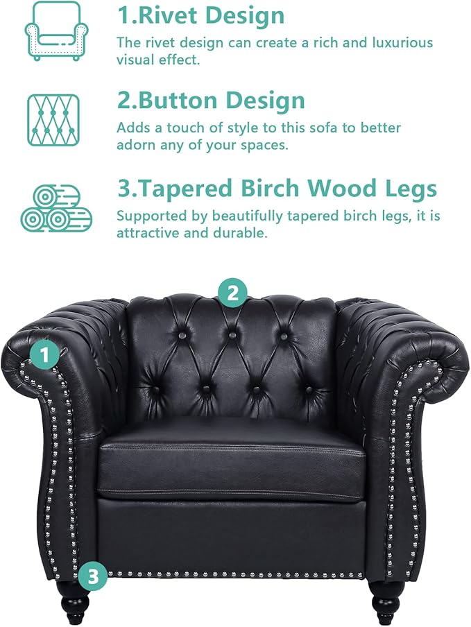 Living Room Chair, Modern Leather Chesterfield Sofa Chair, Mid Century Single Sofa Couch Chair with Tufted Back and Rolled Arms, Accent Sofa Chair for Living Room Apartment, Black