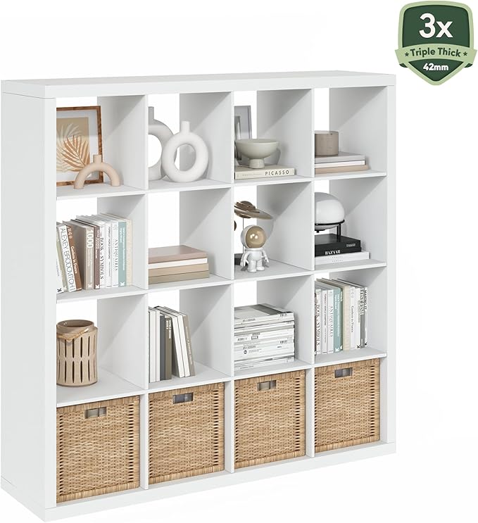 Furinno Cubicle Book Shelf, 16-Cube Bookshelf, Triple Thick Frame Cube Storage Organizer, Bookcase, 15.4 x 57.4 x 56.9, for Home Office, Living Room, Plain White