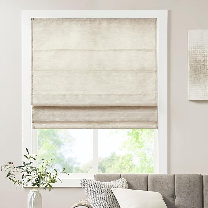 Madison Park Cordless Roman Shades Faux Silk Shade with Sheen 1-Panel Privacy, Room Darkening, Energy Efficient, Thermal Insulated Window Blind for Bedroom, Living Room Décor, 31"W x 64"H Como, Ivory