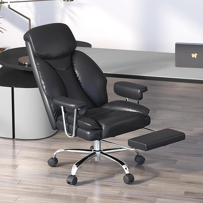 Big and Tall Office Chair, Executive Home Office Desk Chair, Comfy Leather High-Back Reclining Computer Chair with Retractable Footrest and Padded Arms, 360°Swivel Rolling Wheels, Wide Seat, Black