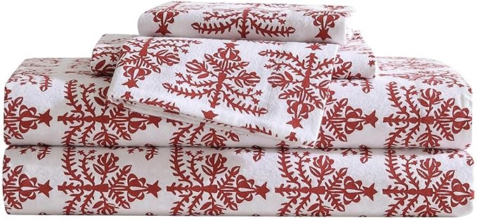 Eddie Bauer - Flannel Sheets Queen Size, Anti-Pilling & Wrinkle Resistant Cotton, Touchably Soft for All-Season Comfort - Bed Sheets with Matching Pillowcases & Fitted Sheet (Jolly Trees Red)
