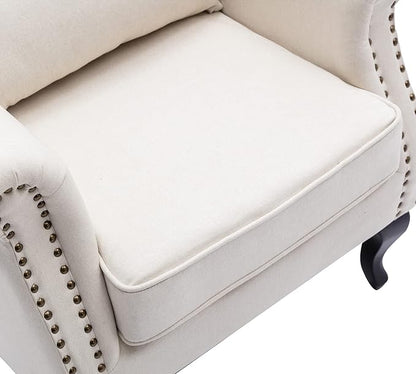 Mid Century Modern Accent Chair Upholstered Armchair Comfy Linen Fabric Single Sofa with Tufted Wingback for Small Spaces Bedroom Living Room, Beige