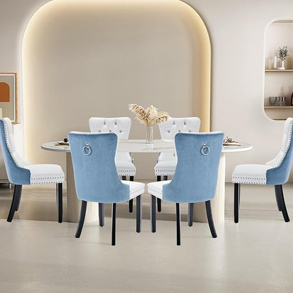 Leather Upholstered Dining Chairs Set of 6, Modern Style Kitchen Side Chairs with Nailhead Trim and Wood Leg, Metal Pulling Ring for Dining Room Living Room(White&Blue,Set of 6)