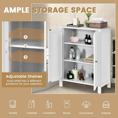 COSTWAY Bathroom Floor Cabinet - Freestanding Side Storage Organizer with Double Doors & Adjustable Shelf, Wooden Storage Cabinet for Living Room, Bedroom, Kitchen, Entryway (White)