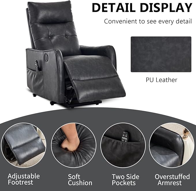 PELUMY Manual Lift Recliner Chair with Massage and Heat for Elderly, Single Motor Electric Lift Chair, Heavy Duty Recliner with USB Charging & Side Pockets (Breathable Leather, Grey)
