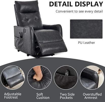 PELUMY Manual Lift Recliner Chair with Massage and Heat for Elderly, Single Motor Electric Lift Chair, Heavy Duty Recliner with USB Charging & Side Pockets (Breathable Leather, Grey)