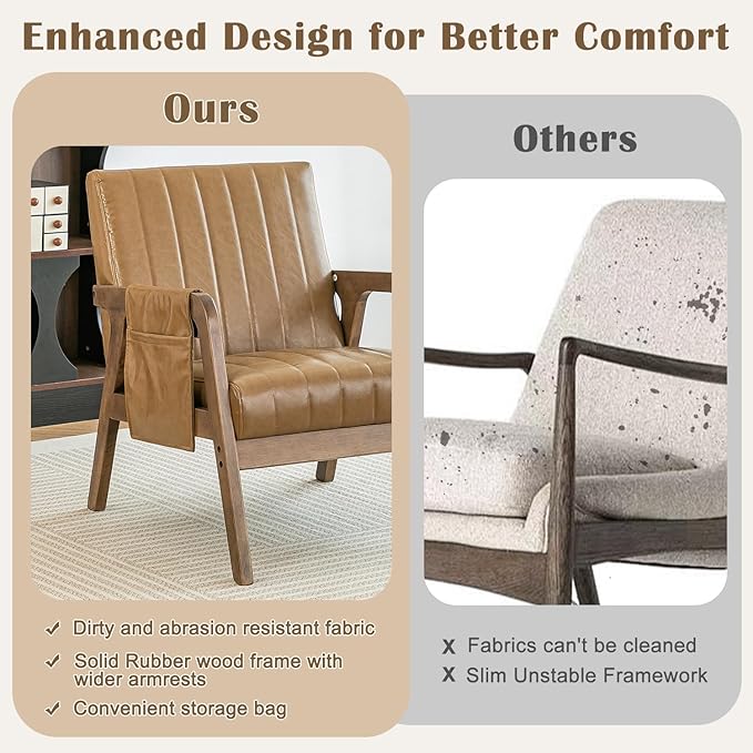 EROMMY Mid Century Modern Leather Accent Chair with Wood Frame, Faux Leather Accent Armchair with Storage Bag,Pu Living Room Accent Chair for Reading, Bedroom,Light Brown