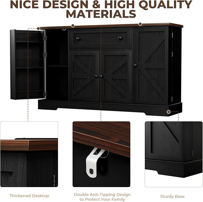 55.1" Buffet Cabinet with Storage, Charging Station, Modern Kitchen Buffet Sideboard with Drawer, Black Wood Coffee Bar with Adjustable Shelves & Spice Rack, Kitchen Storage Cabinet for Living Room