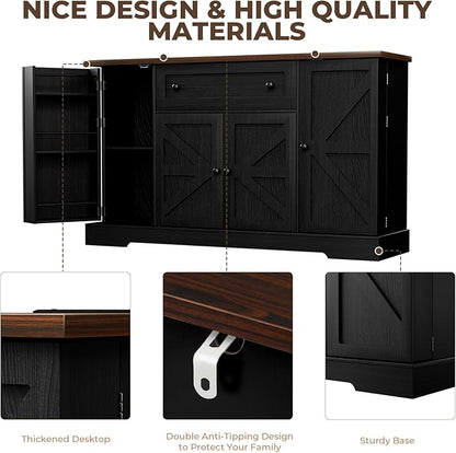 55.1" Buffet Cabinet with Storage, Charging Station, Modern Kitchen Buffet Sideboard with Drawer, Black Wood Coffee Bar with Adjustable Shelves & Spice Rack, Kitchen Storage Cabinet for Living Room