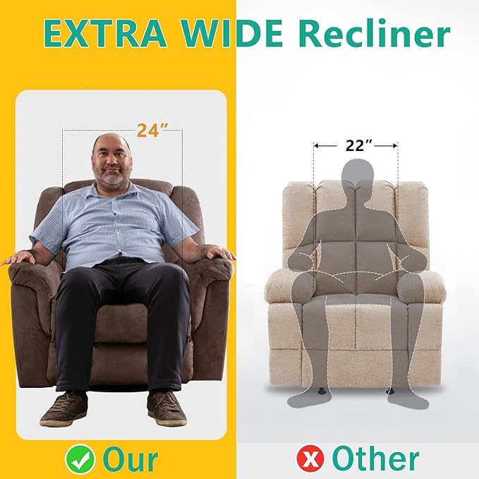 ANJ 2PCS Oversized Rocker Recliner Chairs Set, Manual 360° Swivel Recliners, Comfy Glider Rocking Chairs for Big Man, Extra Wide Overstuffed Reclining Chairs with Side Pocket for Living Room, Camel