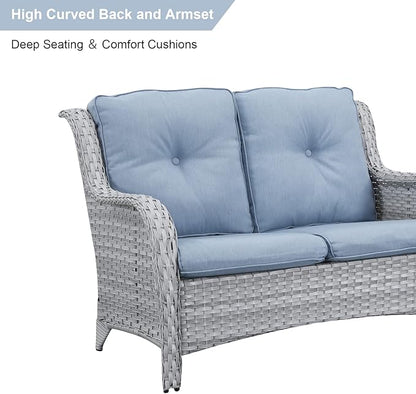 HUMMUH 5 Pieces Outdoor Furniture Patio Furniture Set Wicker Swivel Patio Chairs with 2 Seater Outdoor Sectional Sofa/Patio Loveseat with Ottomans(Light Grey/Light Blue)
