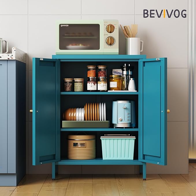 Bathroom Floor Storage Cabinet,Metal Storage Sideboard with 2 Doors and 2 Adjustable Shelves,Modern Small Storage Cabinets, Blue Metal Locker for Entryway,Living Room,Hallway
