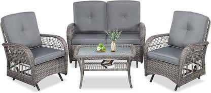 VIVIJASON 4-Piece Outdoor Patio Wicker Conversation Sets, All Weather Outdoor Rattan Furniture Set Includes Glider Loveseat, Coffee Table, 2 Glider Rocker Chairs w/Cushion for Lawn Balcony, Grey