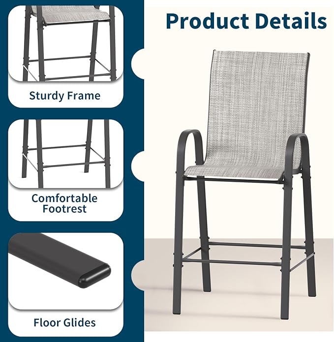 Amopatio Outdoor Stools Set of 8, Comfortable High Back Patio Chairs, All-Weather Textile Patio Bar Stools, Sturdy for Backyard, Porch, Balcony, Light Grey