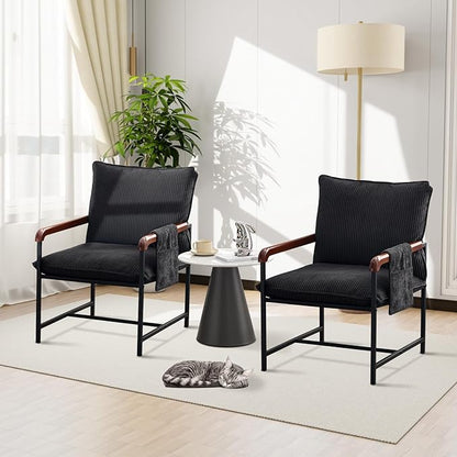 CLIPOP Accent Chair with Corduroy Fabric, Wood Armrests, Removable Cover, Side Pocket, Comfortable Armchair for Living Room & Bedroom, Durable Comfy Reading Chair for Home Office, Black
