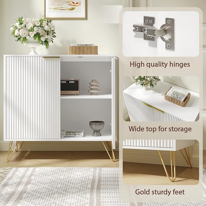 Fluted Storage Cabinet, Set of 2, Sideboard Buffet Cabinet, Modern Wood Accent Cabinet with Adjustable Shelves, Console Table for Living Room, Hallway, Entryway, White