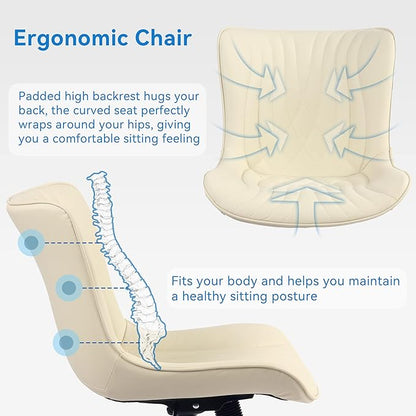 YOUNIKE Office Chair, Armless Desk Chair with Wheels, Adjustable Swivel Home Office Computer Task Chairs, Modern Faux Leather Padded Vanity Chair with Back, Beige