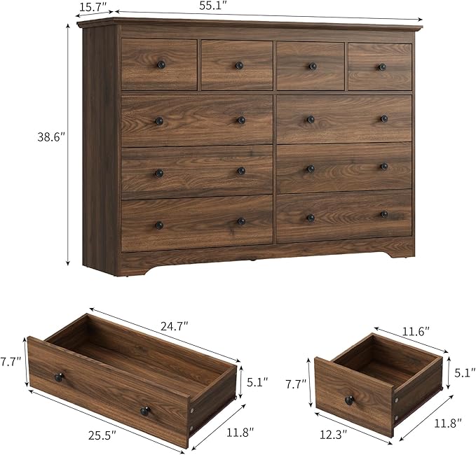 LYNSOM Modern 10 Drawer Dresser, 55.1" Wide Dressers & Chests of Drawers with Large Capacity Storage, Wood Mid Century Storage Dressers Organizer for Bedroom, Entryway, Brown