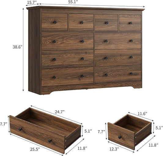 LYNSOM Modern 10 Drawer Dresser, 55.1" Wide Dressers & Chests of Drawers with Large Capacity Storage, Wood Mid Century Storage Dressers Organizer for Bedroom, Entryway, Brown
