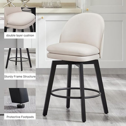 Counter Height Barstools 26 inch Upholstered Swivel Bar Stools with Back and Wood Legs for Kitchen Island,Set of 4,Beige Fabric-Armless