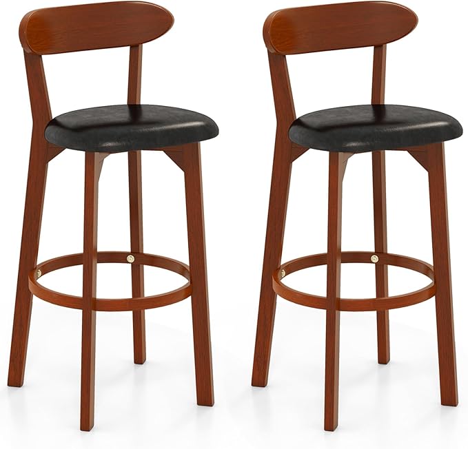 COSTWAY Bar Stool Set of 2, 30.5'' Bar Height Barstools w/Curved Backrest, Faux Leather Cushion & Rubber Wood Frame, Mid Century Modern Island Chairs for Kitchen Bar Cafe, Walnut