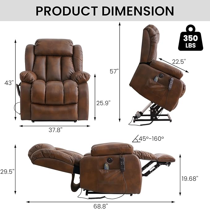 TEKAMON Power Lift Recliner Chair for Elderly with Heat & Massage, Dual Motor Breathable Leather Recliner, Lay Flat Sleeping Chairs with Infinite Position, RemoteControl & USB Ports(Ochre)
