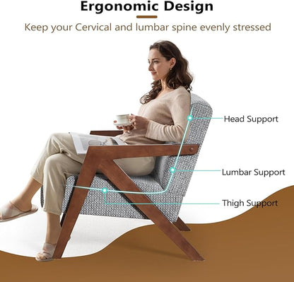 Bonzy Home Mid-Century Modern Accent Chair with Solid Wood Frame, Upholstered Armchair for Bedroom & Living Room,Reading Side Chair with Soft Lien Fabric Cushion,Easy Assembly,Light Grey