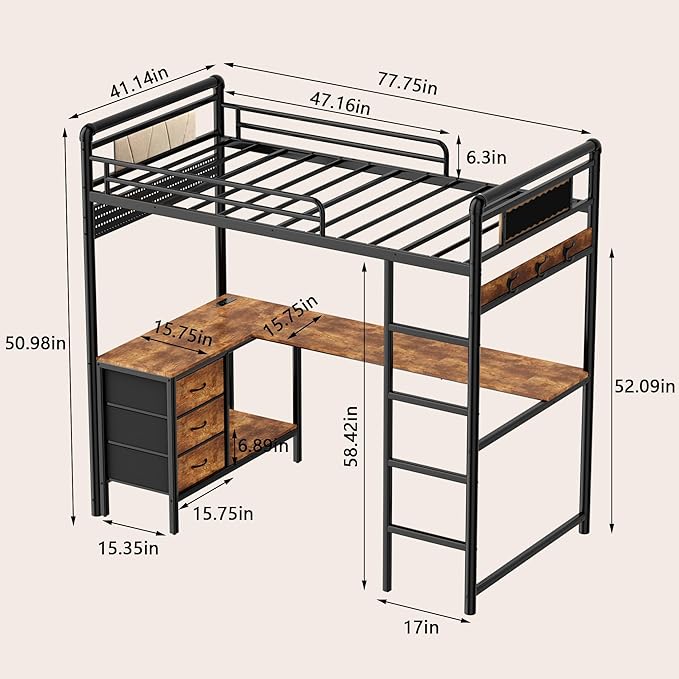 Twin Loft Bed with Desk, Gaming Bunk Bed with Stairs, Metal Loft Bed Heavy Duty Loft Beds for Adults, 3 Fabric Drawers, LED Lights & Charging Sation, No Noise & No Box Spring Needed, Black