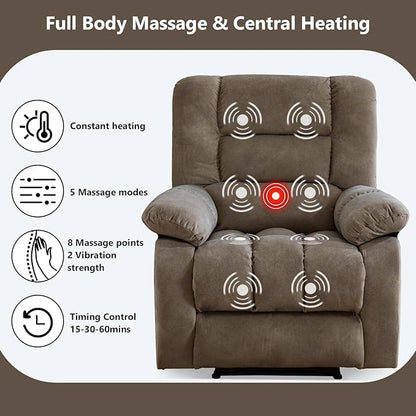 ANJHOME Massage Recliner Chairs with Heat and Vibration,Overstuffed Manual Rocking Reclining Chair for Living Room Bedroom (Brown)
