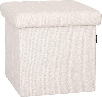 Seville Classics Cushioned Fabric Ottoman Hidden Storage Chest Footrest Chair, Padded Seat for Bedroom, Dorm, Loft, Living Room, Entryway, Hallway, White Boucle, 15.7" Cube