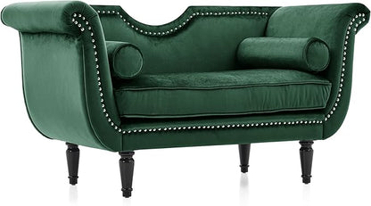Christopher Knight Home Aurora Velvet Chaise Lounge Indoor with 2 Bolster Pillows, Upholstery Entryway Bench with Nailhead Trim & Curved Arms, End of Bed Bench Ottoman and Wooden Legs, Green