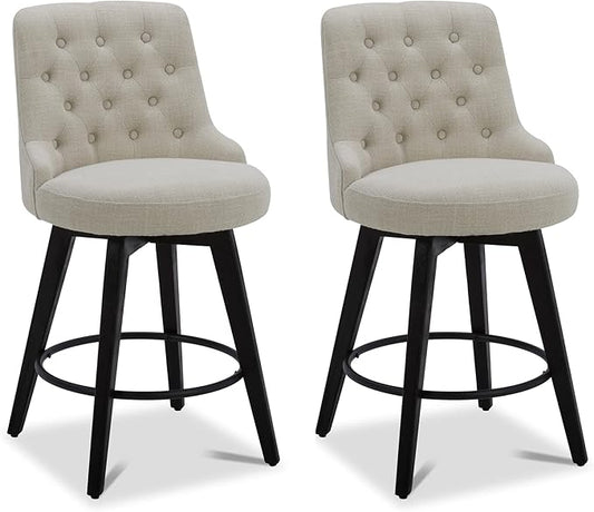 Watson & Whitely Modern Swivel Bar Stools, Performance Fabric Upholstered Counter Height Bar Stools with Back, Solid Wood Legs, 26" H Seat, Set of 2, Linen