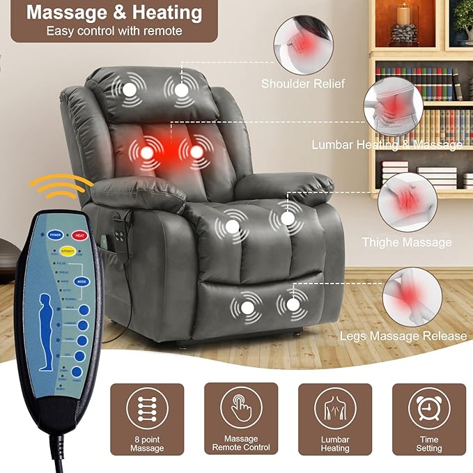 Dual Motor Large Power Lift Recliner Chair for Elderly with Heat and Massage,Lay Flat Lift Chairs Recliners for Seniors Infinite Position,USB Ports&Remote, Leather (Silver Grey, Medium)