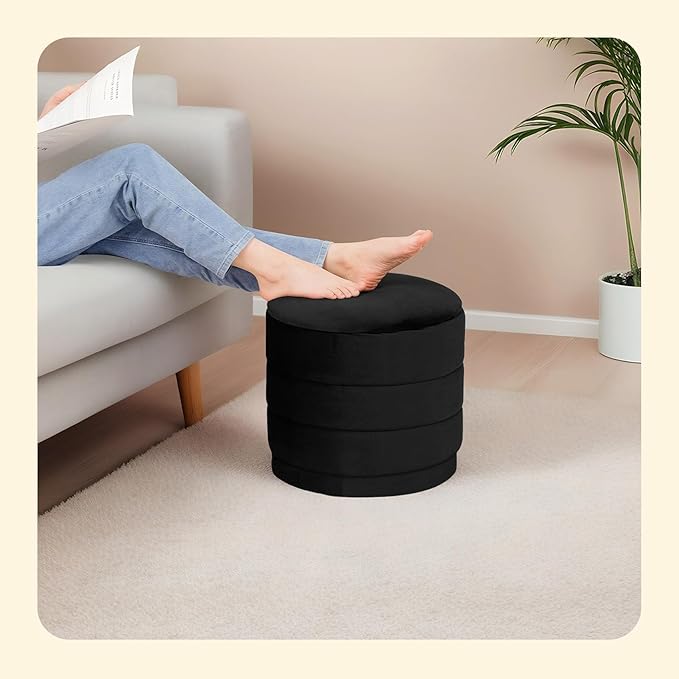 PINPLUS Round Velvet Ottoman Tray, Black Upholstered Decorative Accent for Footstool or Coffee Table, Removable Serving Surface