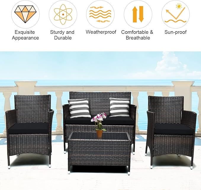 COSTWAY 4PCS Rattan Patio Furniture Set, Outdoor Wicker Rattan Chairs with Coffee Table, Rattan Cushioned Conversation Set for Backyard Balcony Porch Poolside, Black