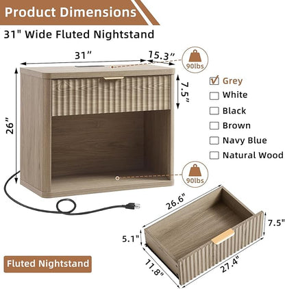 LEYAOYAO 31" Wide Fluted Nightstand Set of 2 with Charging Station, Oversized Extra Large 1 Drawer Night Stand with Golden Handle, Grey Wood Bedside Table Tall End Tables,for Bedroom, Living Room