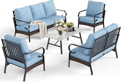 5 Piece Metal Outdoor Patio Furniture Set, Patio Conversation Sets 1 3-Seater Sofa, 2-Seater Sofa, 2 Fixed Sofa with 5.75" Thick Cushion & Coffee Table Black Backyard Furniture, Blue
