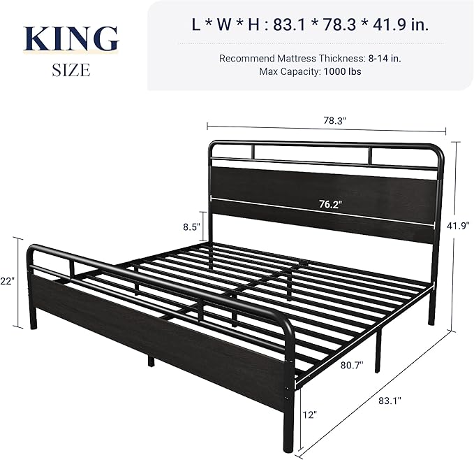 Allewie King Size Platform Bed Frame with Wooden Headboard and Footboard, Heavy Duty 13 Metal Slats Support, Under-Bed Storage, No Box Spring Needed, Noise Free, Easy Assembly, Black Oak