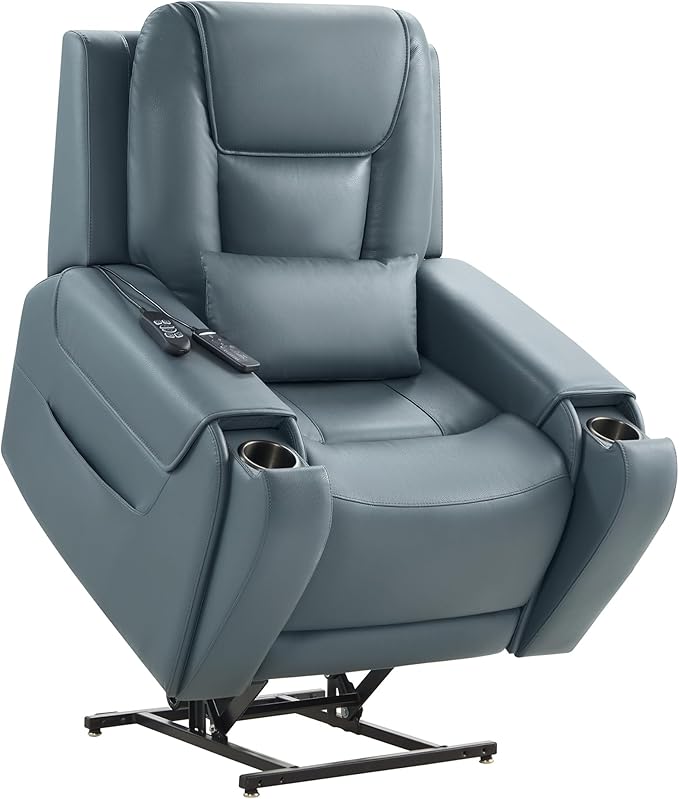 CHITA Electric Power Lift Recliner Chair for Elderly with Massage and Heat, Large Lay Flat Genuine Leather Recliner Chair with Cup Holders, USB Ports, Power Headrest, Independent Backrest, Navy