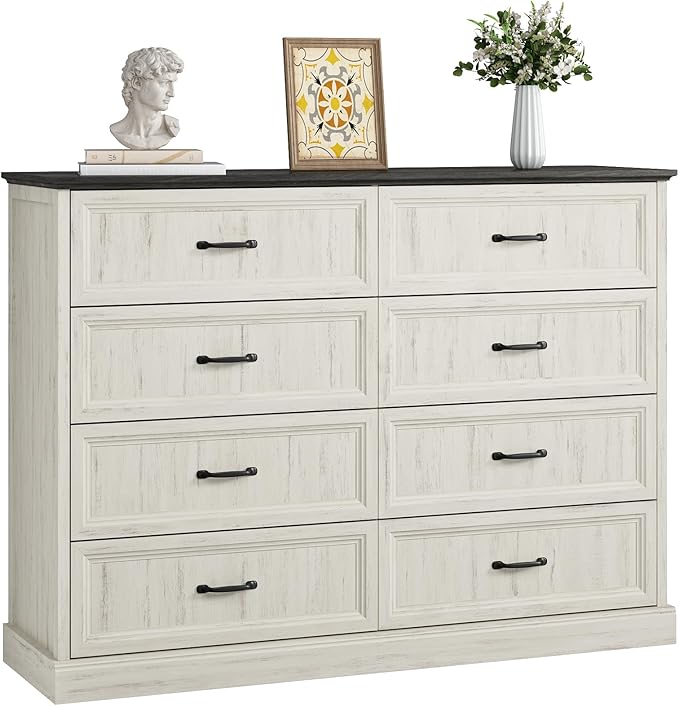 CARPETNAL Farmhouse 8 Drawer Dresser for Bedroom, 55 Inch Wide Modern White Dresser TV Stand with Large Drawers & Bar Handles, Rustic Wood Chest of Drawers for Bedroom, Living Room, Hallway, Entryway.