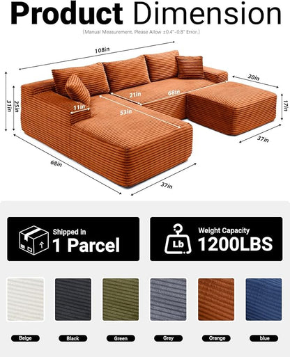 108" Cloud Sectional Couch,Modern Modular Sectional Sofa with Deep Seat,Corduroy Boneless Couches with L-Shape Chaise for Living Room,No Assembly Required (Orange, Left Facing Chaise + Ottoman)
