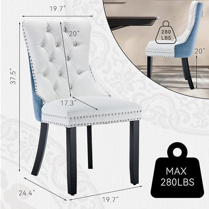 Leather Upholstered Dining Chairs Set of 6, Modern Style Kitchen Side Chairs with Nailhead Trim and Wood Leg, Metal Pulling Ring for Dining Room Living Room(White&Blue,Set of 6)