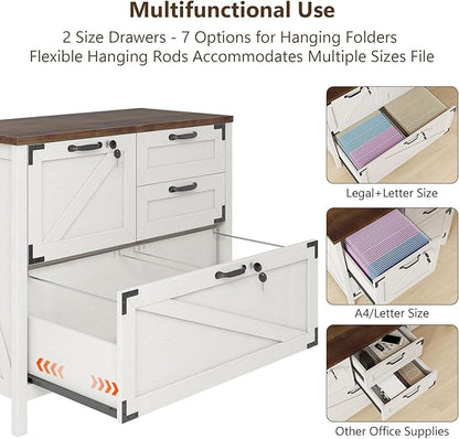 Lateral File Cabinet with 4 Drawers, Farmhouse File Cabinet for Letter/Legal/A4 Size Hanging Files, Large Wood File Storage Cabinets Printer Stand for Home Office Cabinets, White with Lock